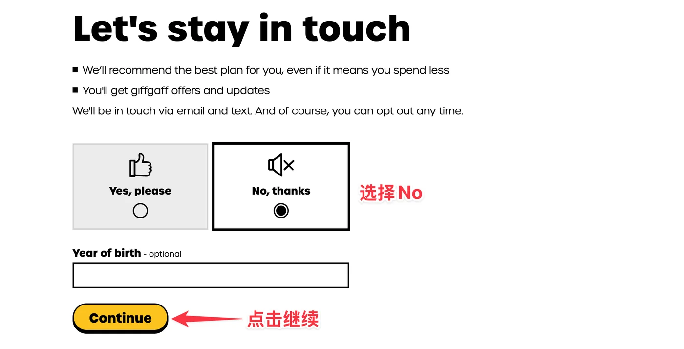 giffgaff 激活步骤 5：选择 No thanks